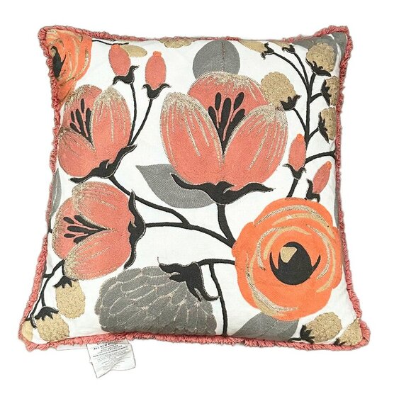 ENVOGUE Linen Embroidered Floral Boho Pillow Case Coral/Dusty Rose/Cream/Grey - Picture 1 of 3